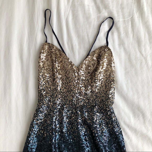 COCKTAIL STRAPPY BACKLESS NAVY TO GOLD OMBRE SEQUIN MINI DRESS - Picture 11 of 11